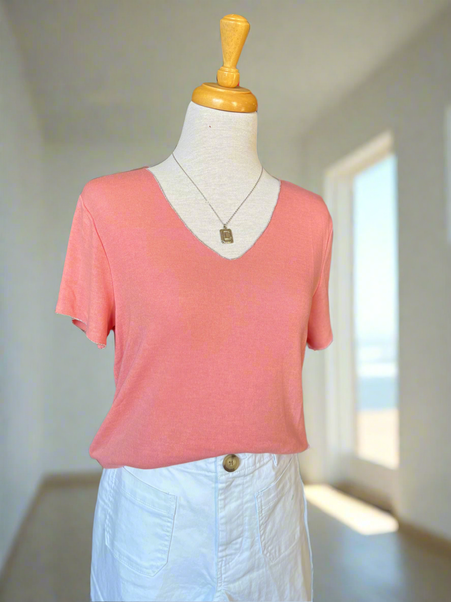 Emma V-Neck Knit Top - Coral