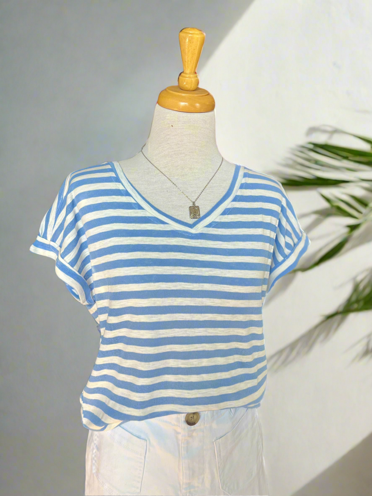 Breezy White and Blue Stripe V-Neck Top-top-Carolyn Jane's Jewelry