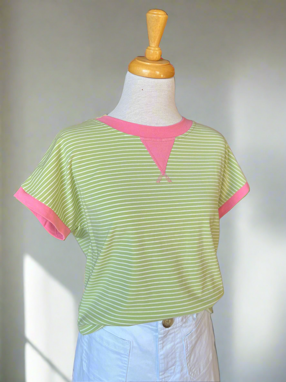 Sunny Lime and Pink Stripe Short Sleeve Top