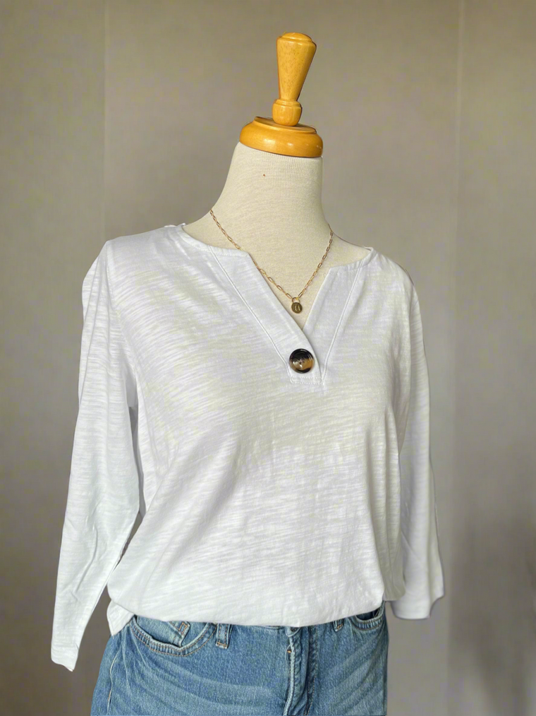 Lana Big Button V-Neck Top - White