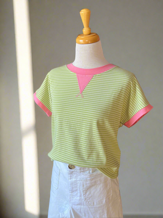 Sunny Lime and Pink Stripe Short Sleeve Top