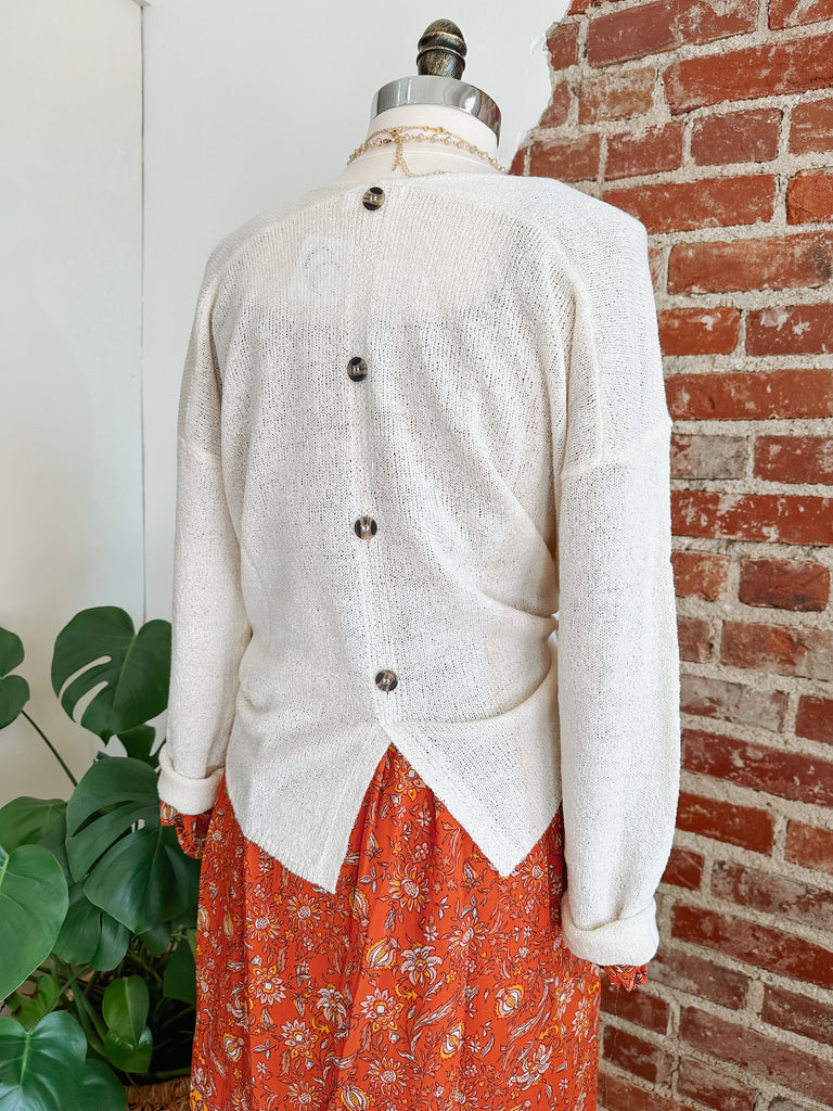 Bobby Back Button V-Neck Sweater in Oatmeal-Pullover Sweater-Carolyn Jane's Jewelry