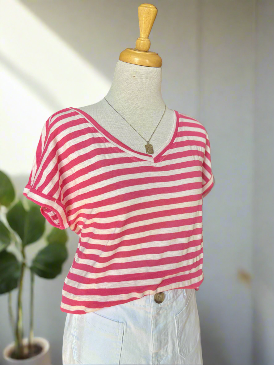 Breezy White and Hot Pink Stripe V-Neck Top