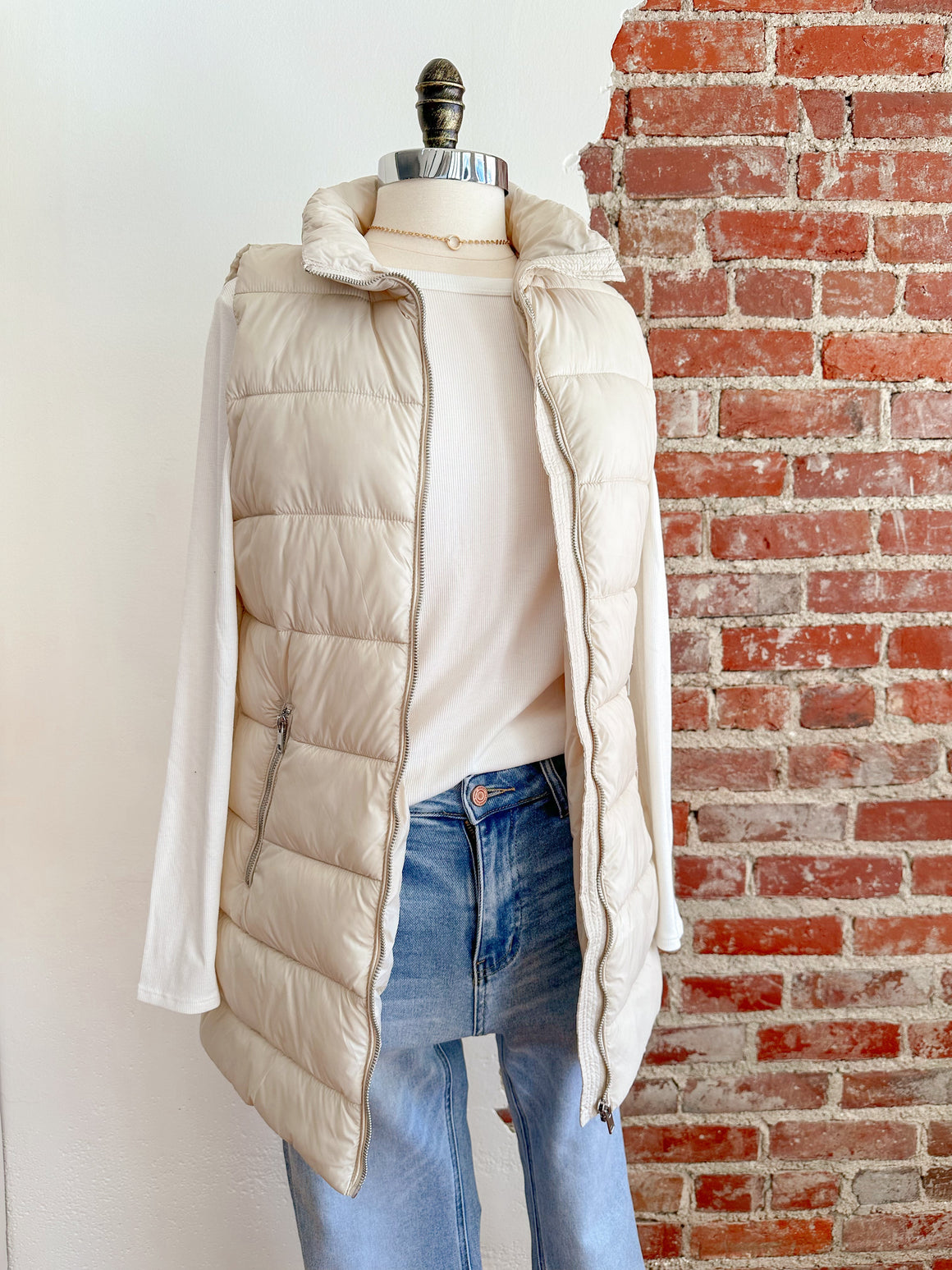 CC Long Puffer Vest in Cream-Carolyn Jane's Jewelry