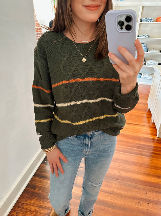 Cable Knit Striped Button Sweater-Carolyn Jane's Jewelry