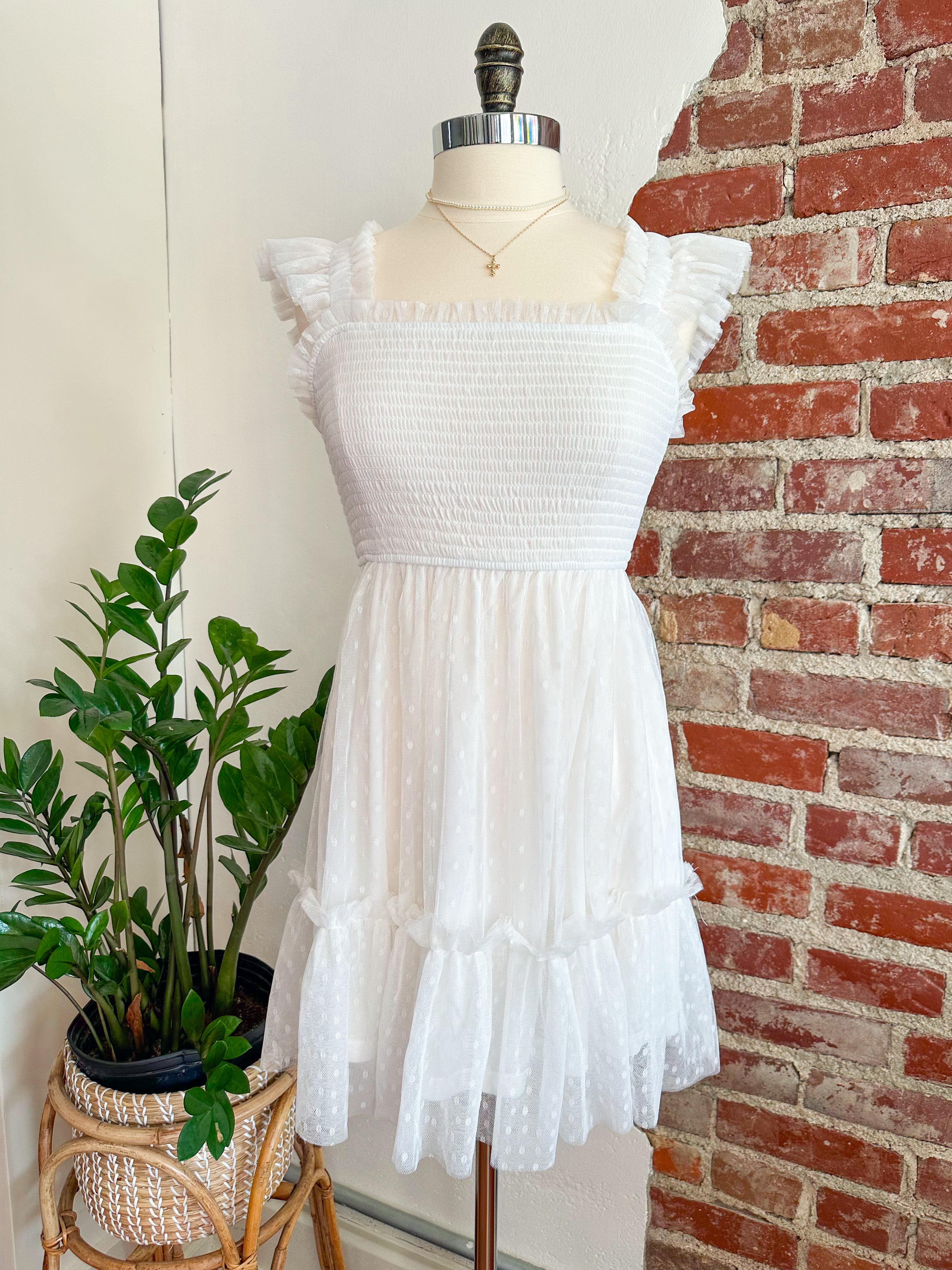 Charlette Polka Dot Chiffon Smocked Tiered Mini Dress - White Charlette Polka Dot Chiffon Smocked Tiered Mini Dress - White