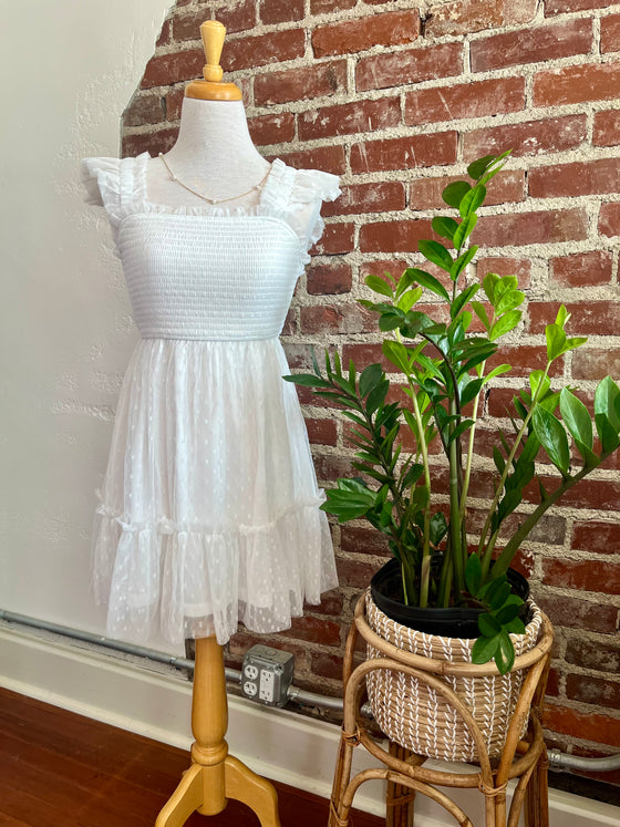 Charlette Polka Dot Chiffon Smocked Tiered Mini Dress - White-Dress-Carolyn Jane's Jewelry