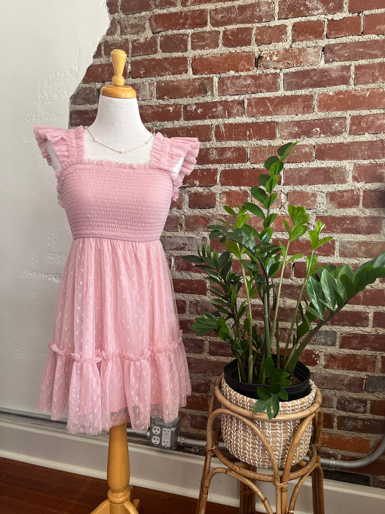 Charlette Polka Dot Chiffon Smocked Tiered Mini Dress - pink-Dress-Carolyn Jane's Jewelry
