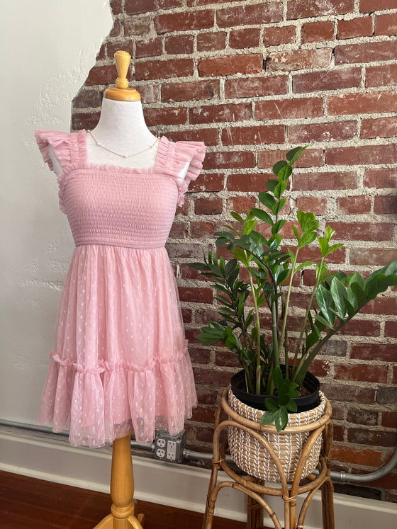 Charlette Polka Dot Chiffon Smocked Tiered Mini Dress - pink-Dress-Carolyn Jane's Jewelry
