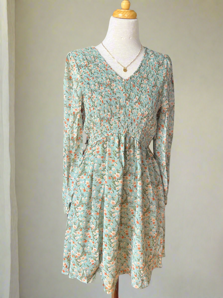 Elizabeth Floral V-Neck Smocked Dress - Soft Sage-dress-Carolyn Jane's Jewelry