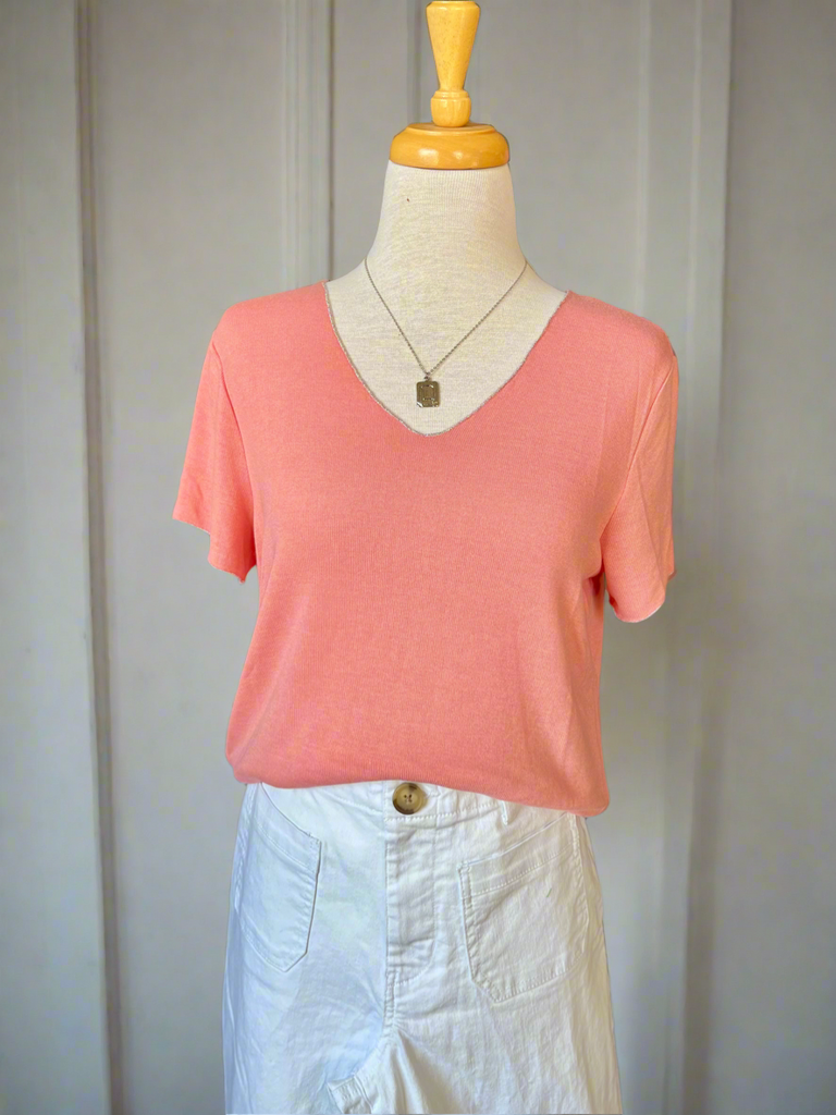 Emma V-Neck Knit Top - Coral-top-Carolyn Jane's Jewelry