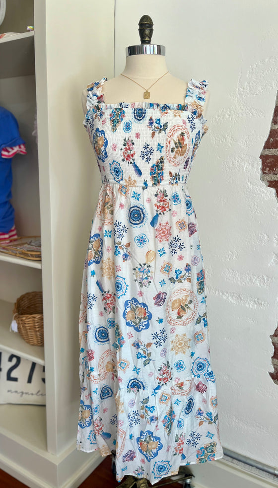 Faith Summer Print Smocked Sleeveless Dress - Blue Multi-DRESS-Carolyn Jane's Jewelry