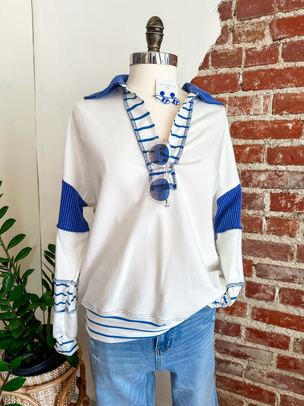 Go Big Blue! Rugby Terry Sweatshirt - White and Royal-Sweatshirt-Carolyn Jane's Jewelry