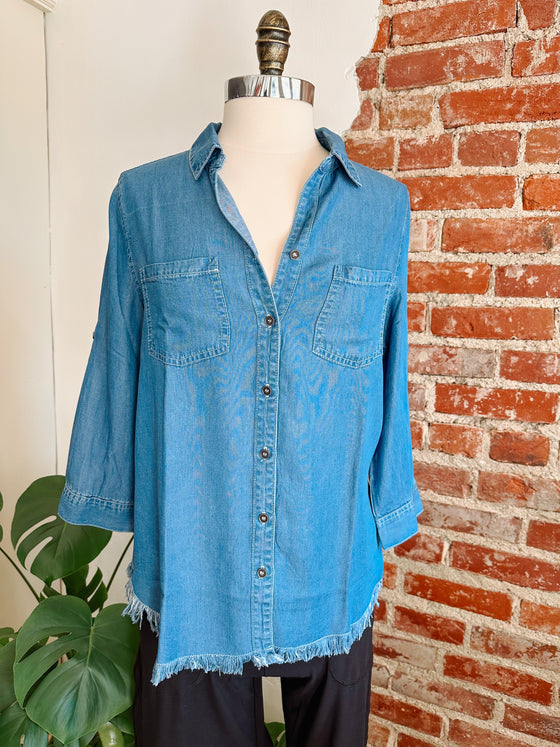 Hattie Lightweight Denim Top- Dark Wash-Button Up top-Carolyn Jane's Jewelry