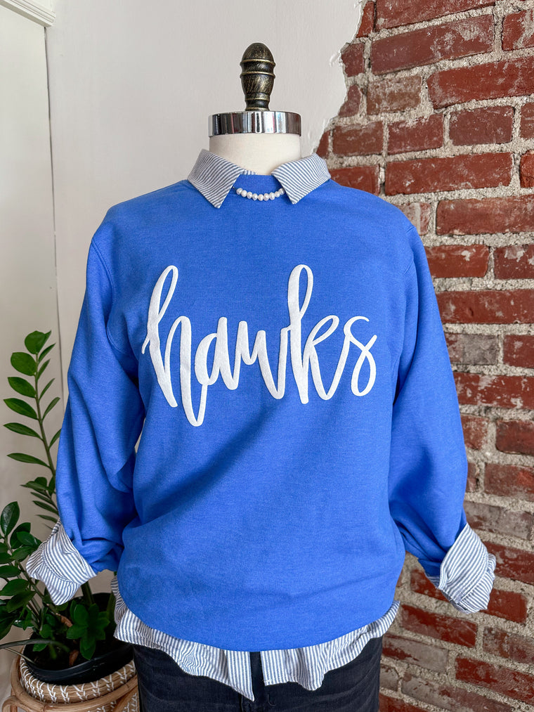 Hawk Hand Lettered Puff Sweatshirt - Royal Blue-Sweatshirt-Carolyn Jane's Jewelry