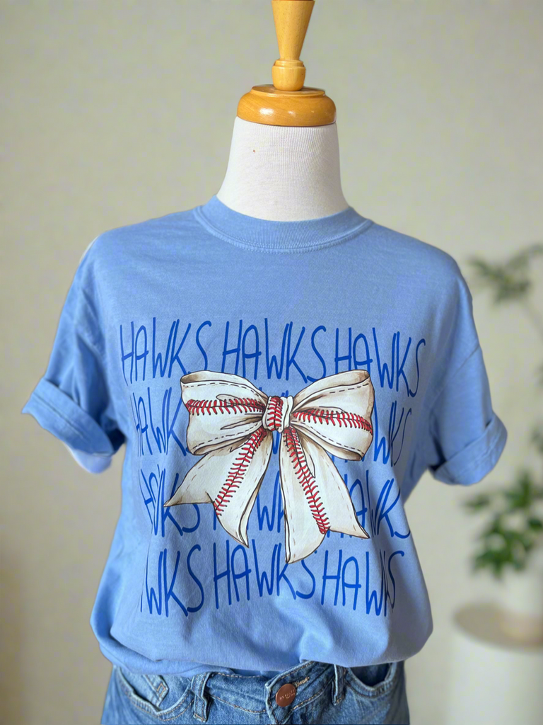 Hawks Baseball Bow T-Shirt - Denim Blue-tshirt-Carolyn Jane's Jewelry