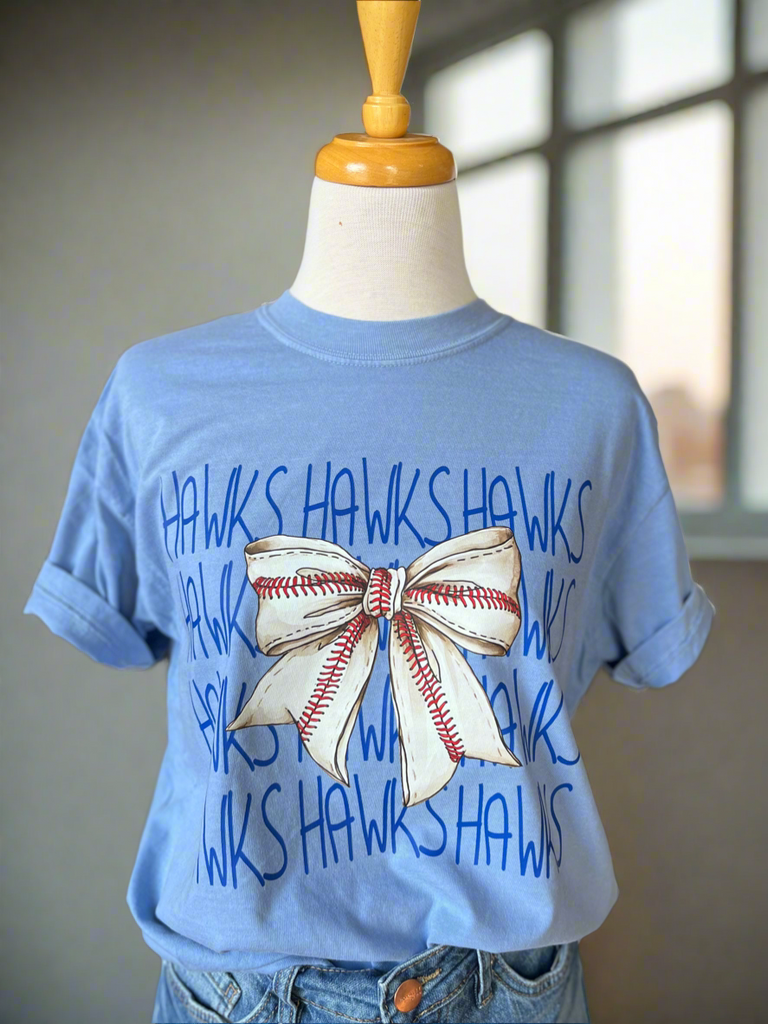 Hawks Baseball Bow T-Shirt - Denim Blue-tshirt-Carolyn Jane's Jewelry