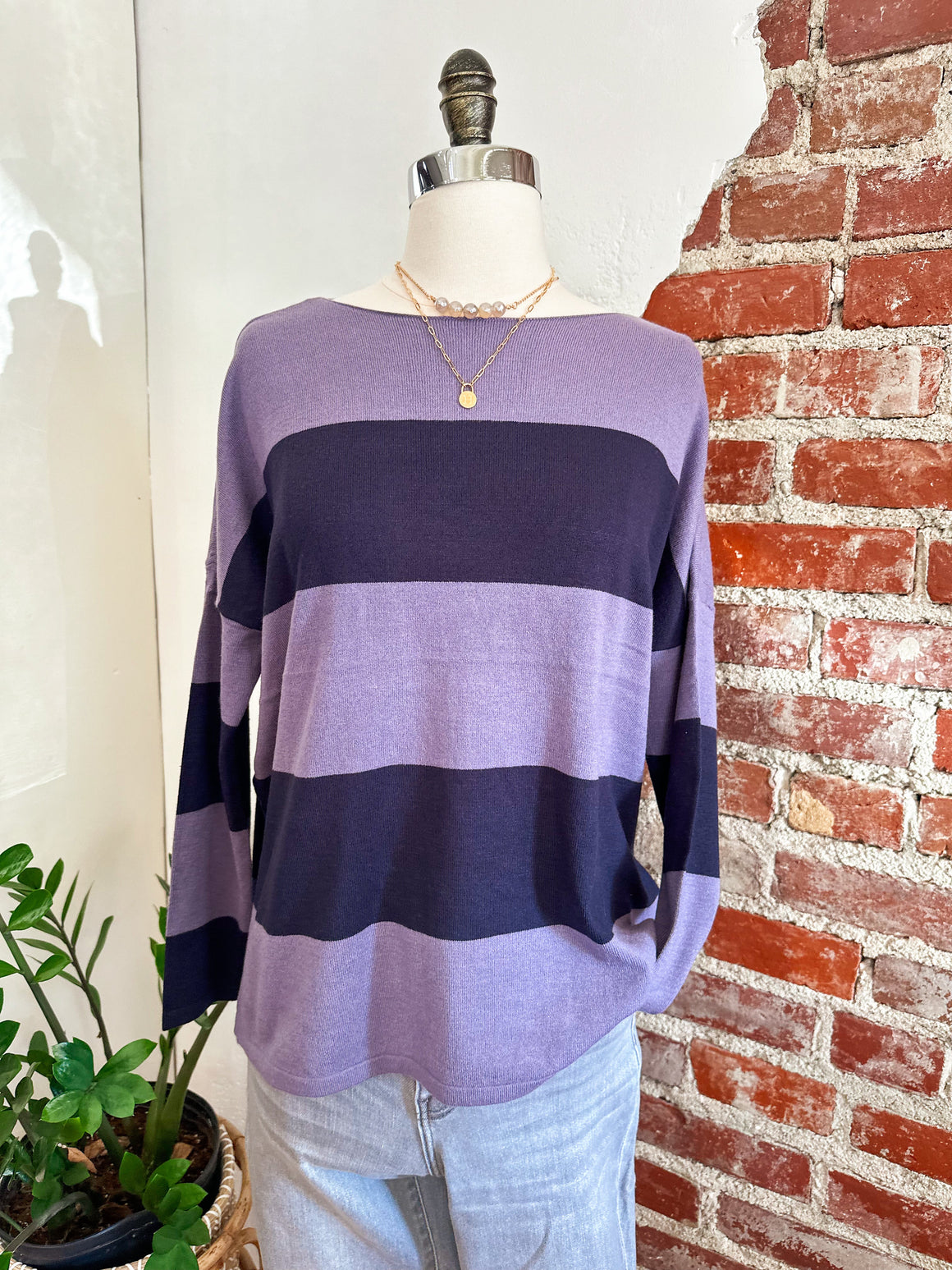 Helen Striped Long Sleeve Sweater - Navy and Purple-sweaterr-Carolyn Jane's Jewelry