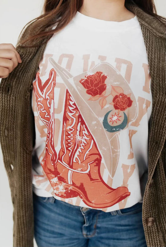 Howdy Cowboy Boots T-Shirt White-T-Shirts-Carolyn Jane's Jewelry