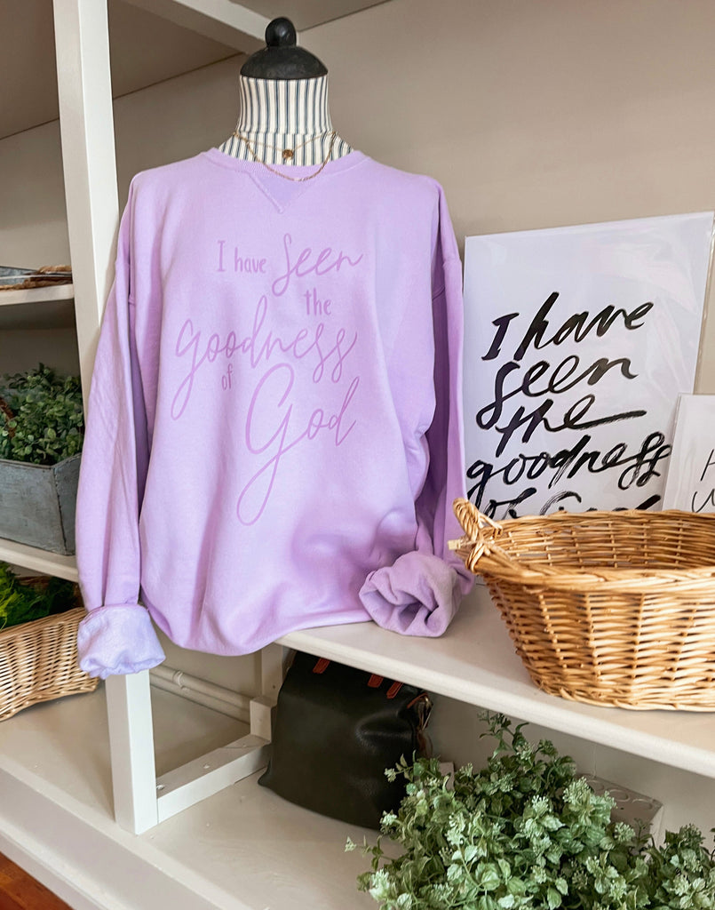 I Have Seen the Goodness of God Lavender Crew Sweatshirt-Sweatshirt-Carolyn Jane's Jewelry