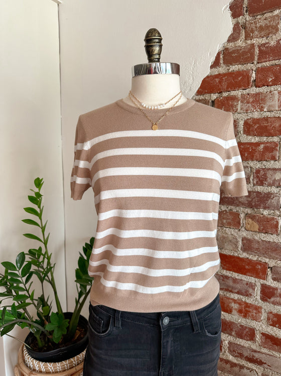 Kayla Classic Striped Short Sleeve Sweater Top - Taupe-sweater-Carolyn Jane's Jewelry