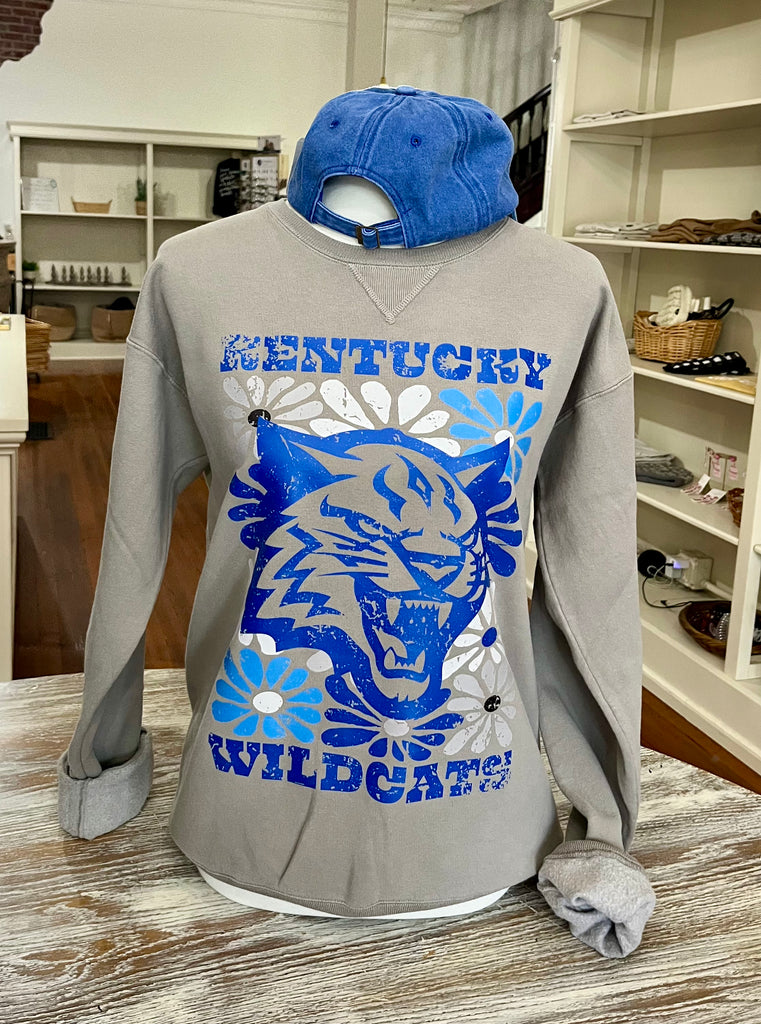 Kentucky Wildcat Flower Power Sweatshirt - Grey-Sweatshirt-Carolyn Jane's Jewelry