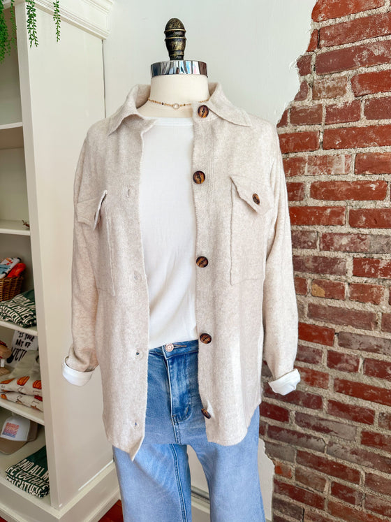 Knit button cardigan in oatmeal-Carolyn Jane's Jewelry