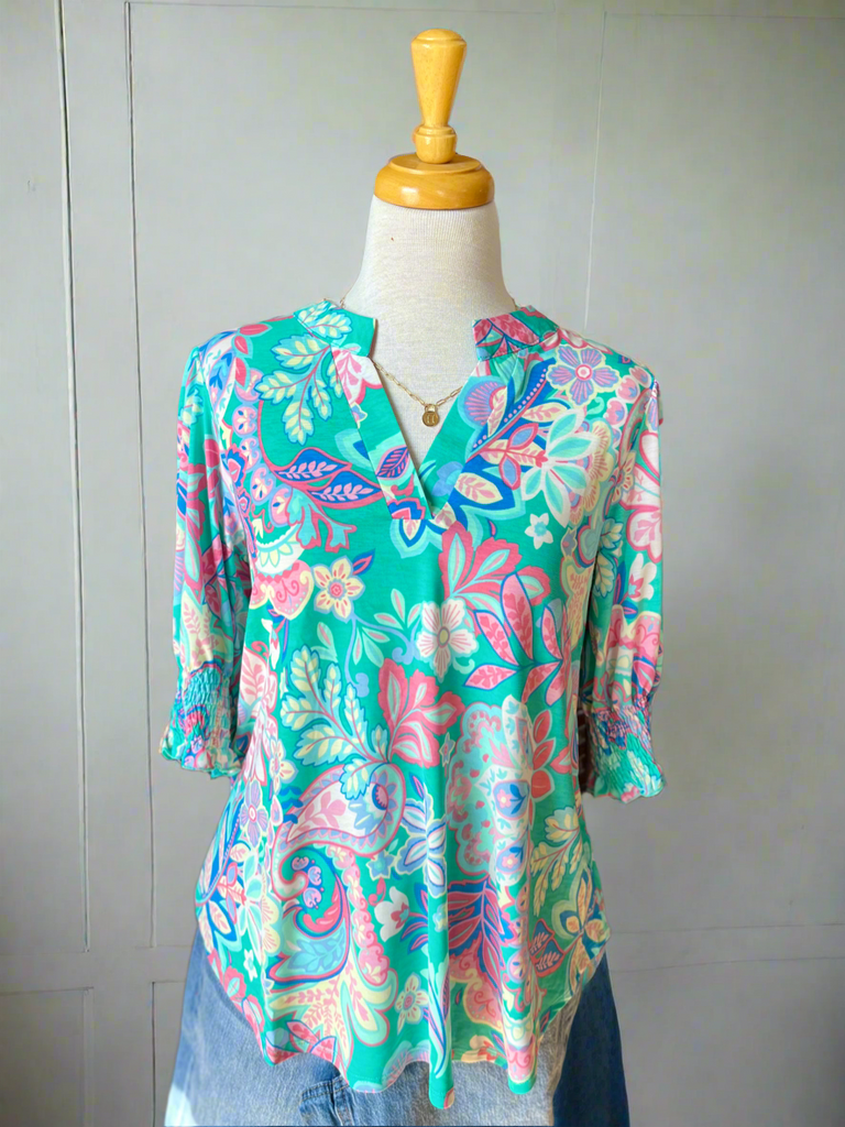 Lauren Spring Floral Top - Aqua-Top-Carolyn Jane's Jewelry