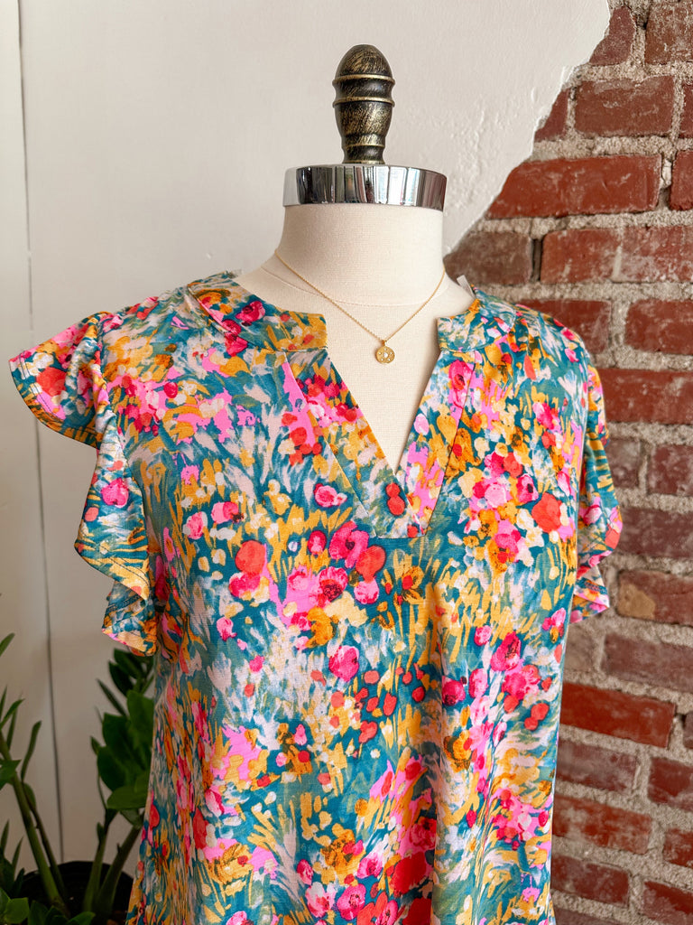 Lily V-Neck Flutter Sleeve Floral Top - Teal Multi-Top-Carolyn Jane's Jewelry