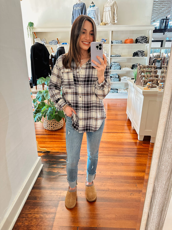 Lola Plaid Button Up Top - Black and Gold-Button Up top-Carolyn Jane's Jewelry