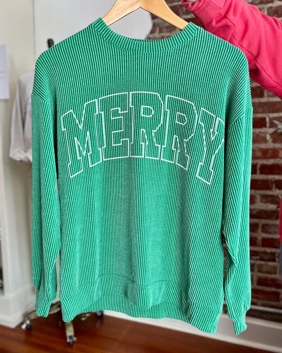 Merry Ribbed Graphic Top - Green-Sweatshirt-Carolyn Jane's Jewelry