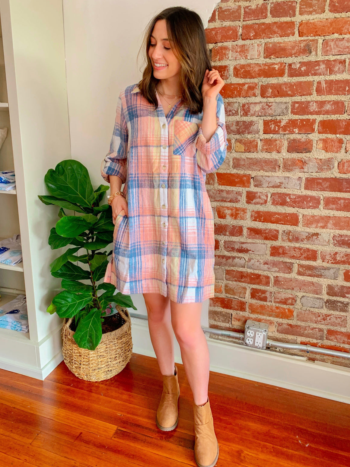 Plaid Shacket Button Up Dress in Pink-Dresses-Carolyn Jane's Jewelry