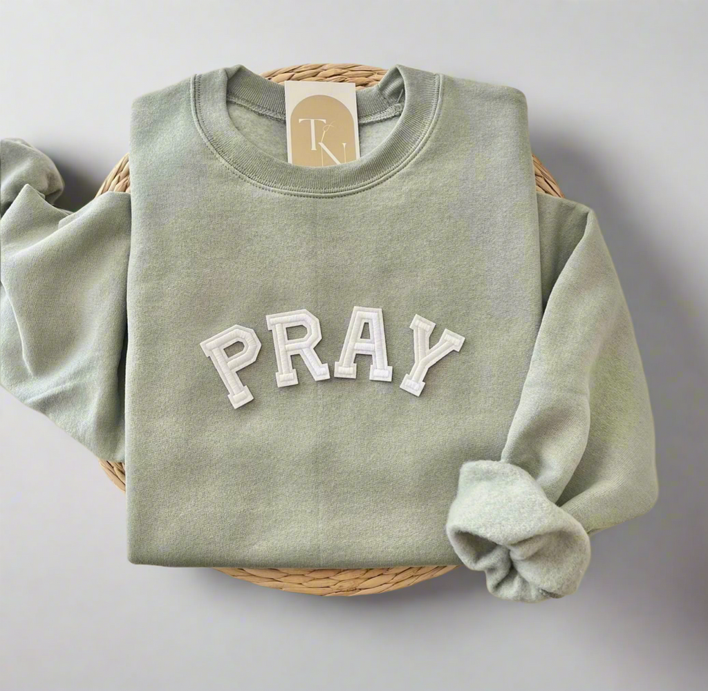 Pray Patch Work Sweatshirt - Sage-Sweatshirt-Carolyn Jane's Jewelry