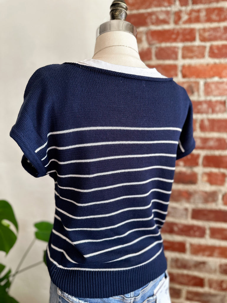 Sailor Navy and White Boat Neck Short Sleeve Sweater-Carolyn Jane's Jewelry