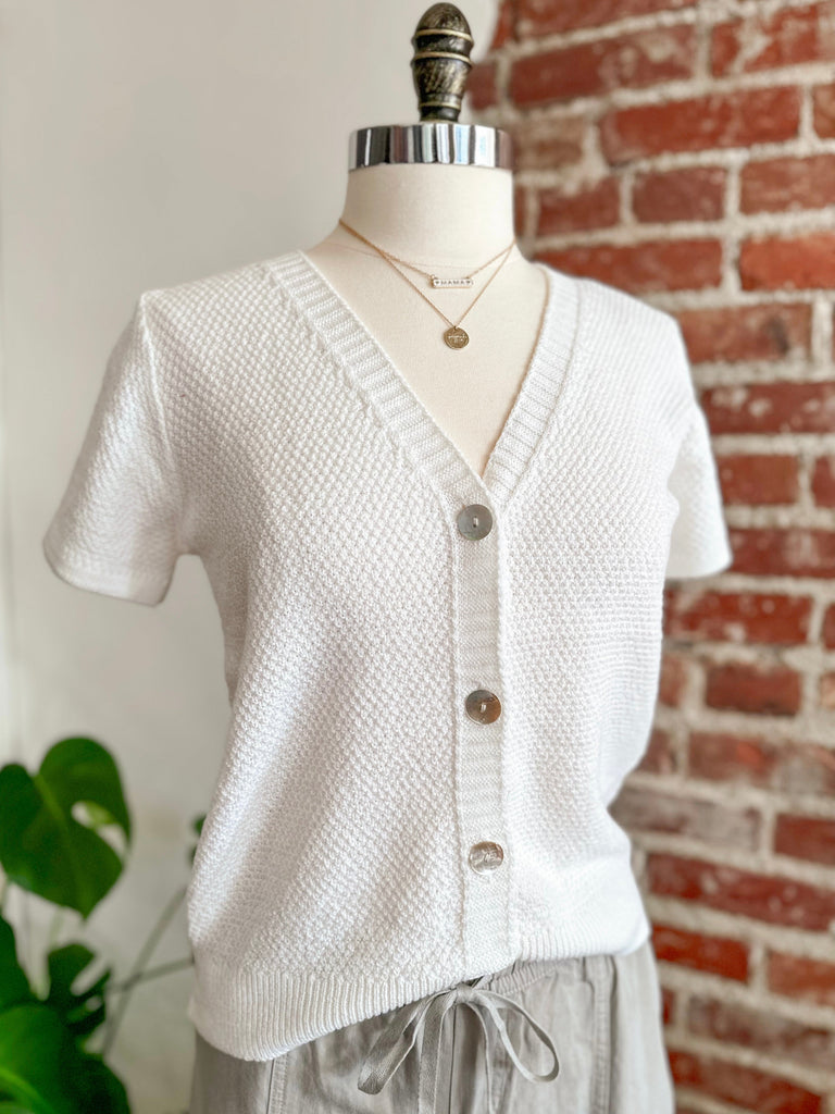 White Waffle V-Neck Short Sleeve Sweater-Carolyn Jane's Jewelry