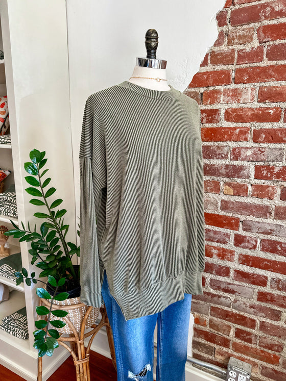 Winnie Oversized Ribbed Sweatshirt - Olive-Sweatshirt-Carolyn Jane's Jewelry