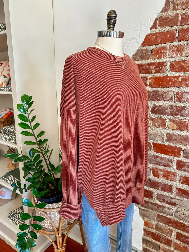 Winnie Oversized Ribbed Sweatshirt - Rust-Sweatshirt-Carolyn Jane's Jewelry