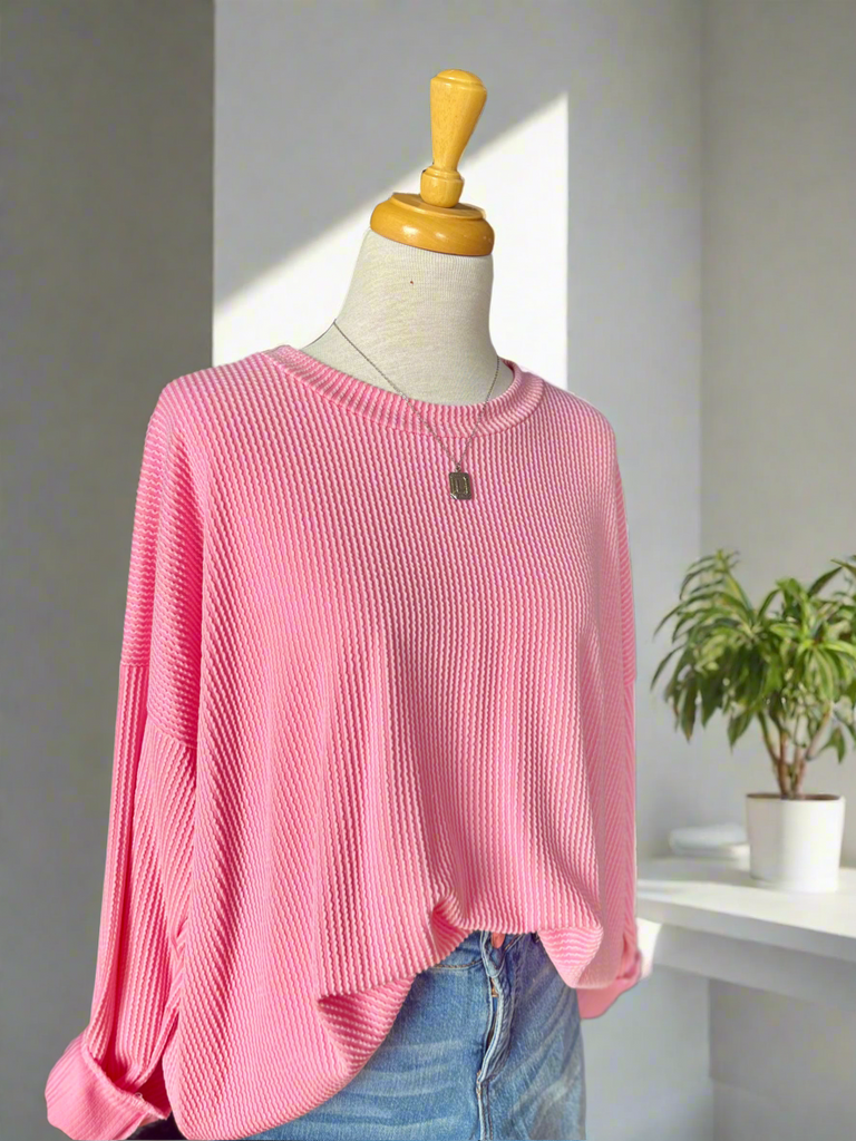 Winnie Rib Oversized Sweatshirt - Pink-sweashirt-Carolyn Jane's Jewelry