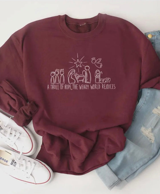 Christmas Nativity Sweatshirt in Maroon-Sweatshirt-Carolyn Jane's Jewelry