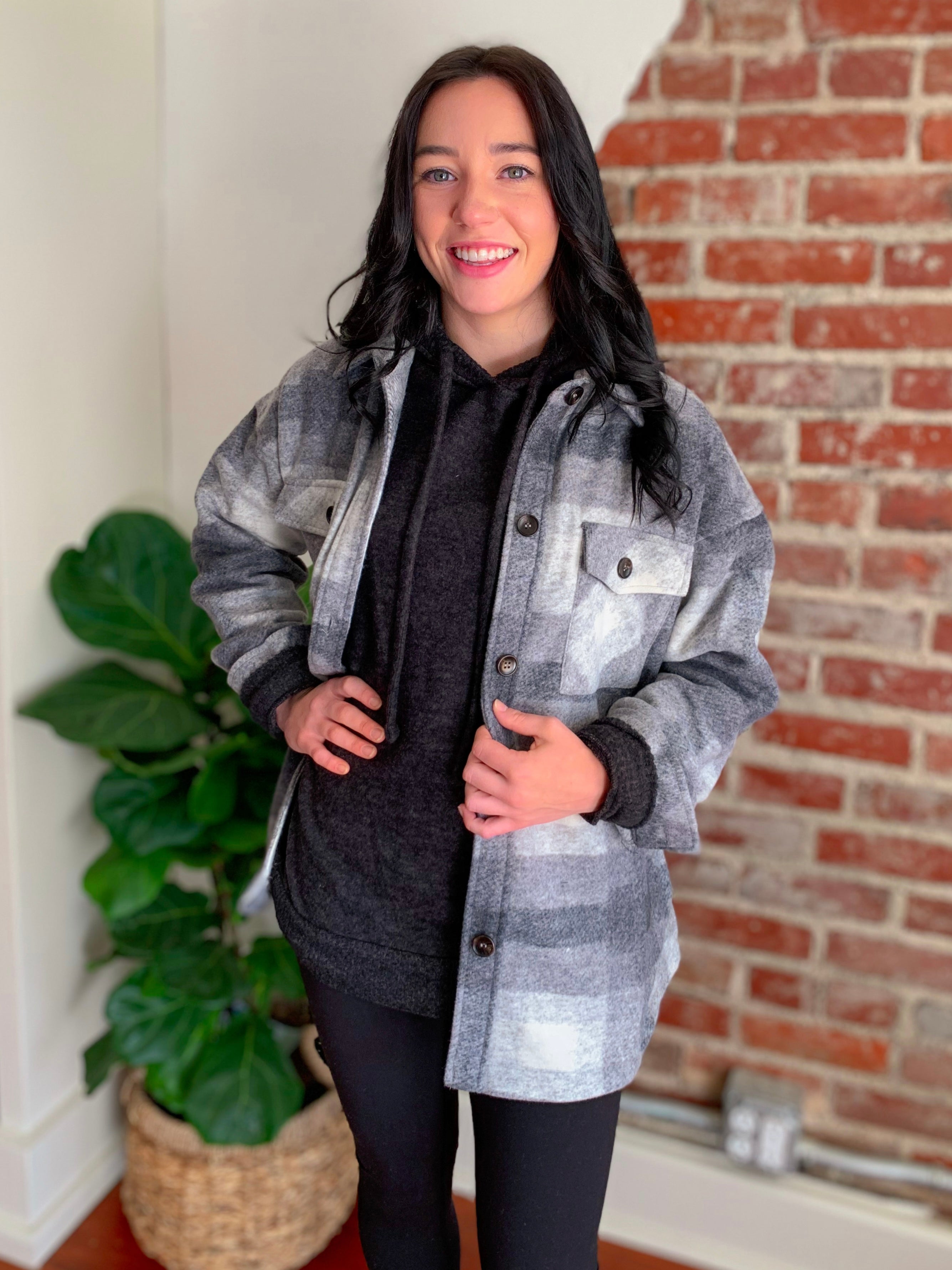 Plaid Grey and White Shacket-Outerwear / Shacket-Carolyn Jane's Jewelry