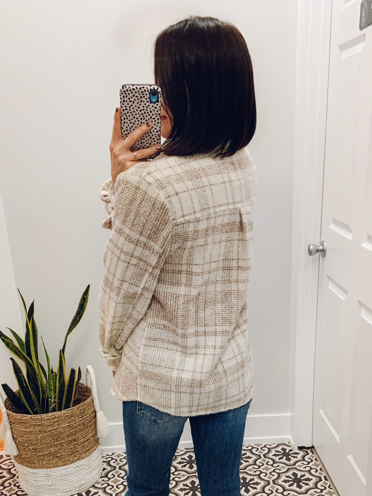 Soft Plaid Teddy Shacket in Taupe-Carolyn Jane's Jewelry