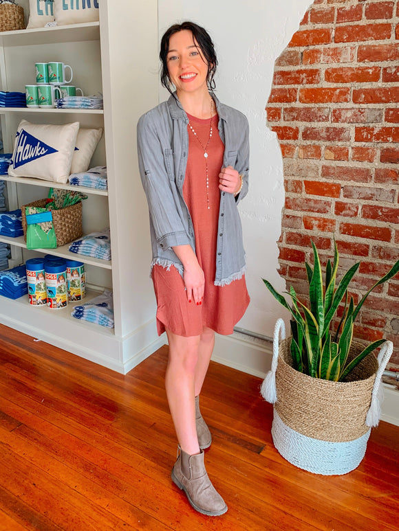 Soft Waffle T-Shirt Dress in Red Bean-Dresses-Carolyn Jane's Jewelry