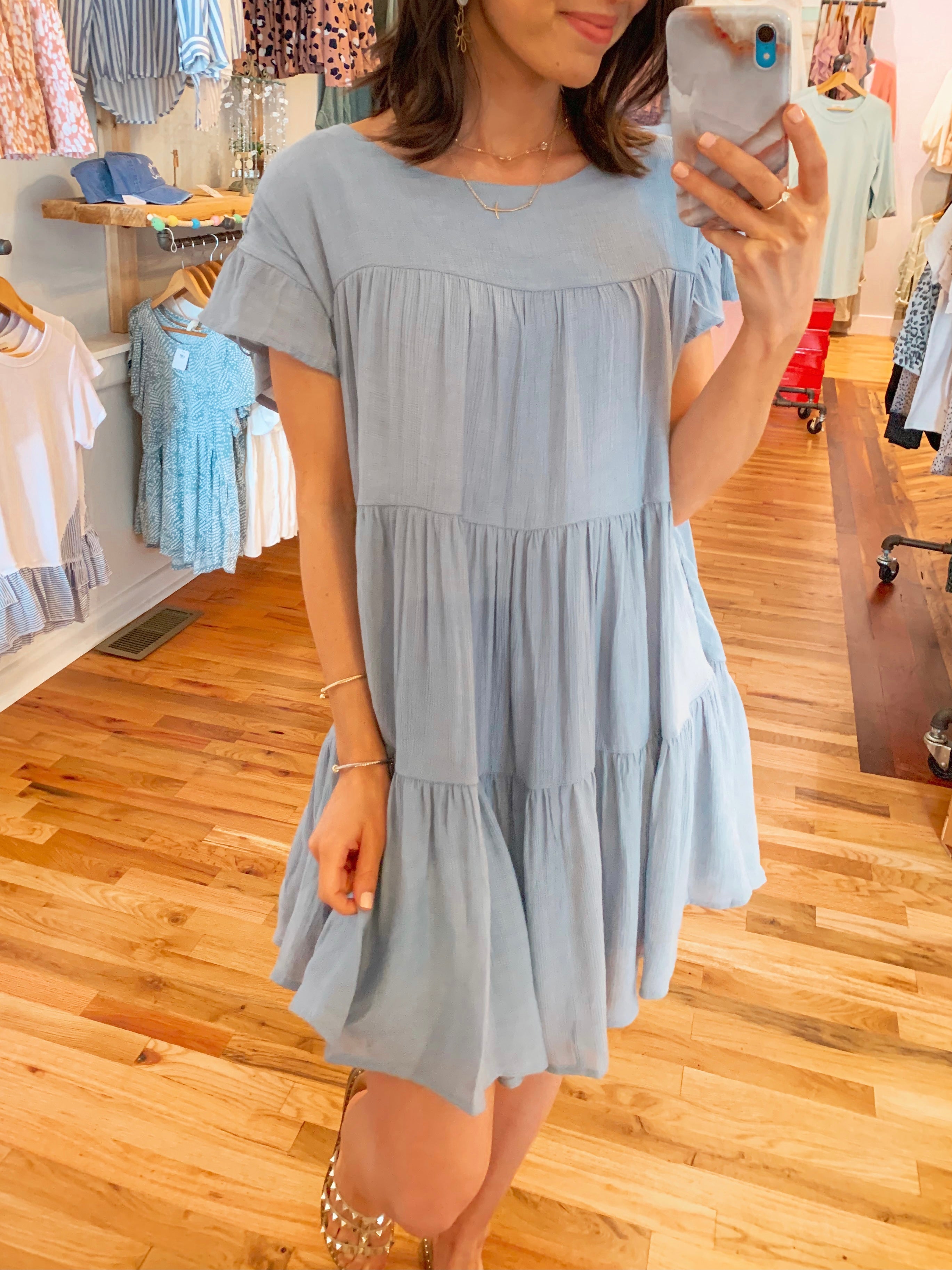 Stella Tiered Swing Dress in Chambray-Dresses-Carolyn Jane's Jewelry
