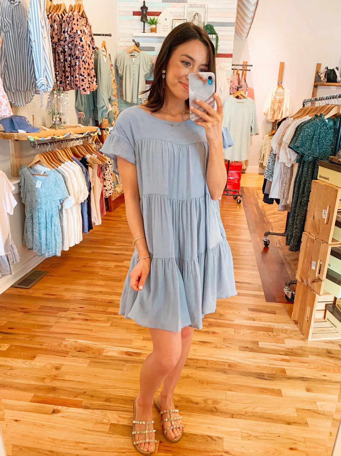 Stella Tiered Swing Dress in Chambray-Dresses-Carolyn Jane's Jewelry