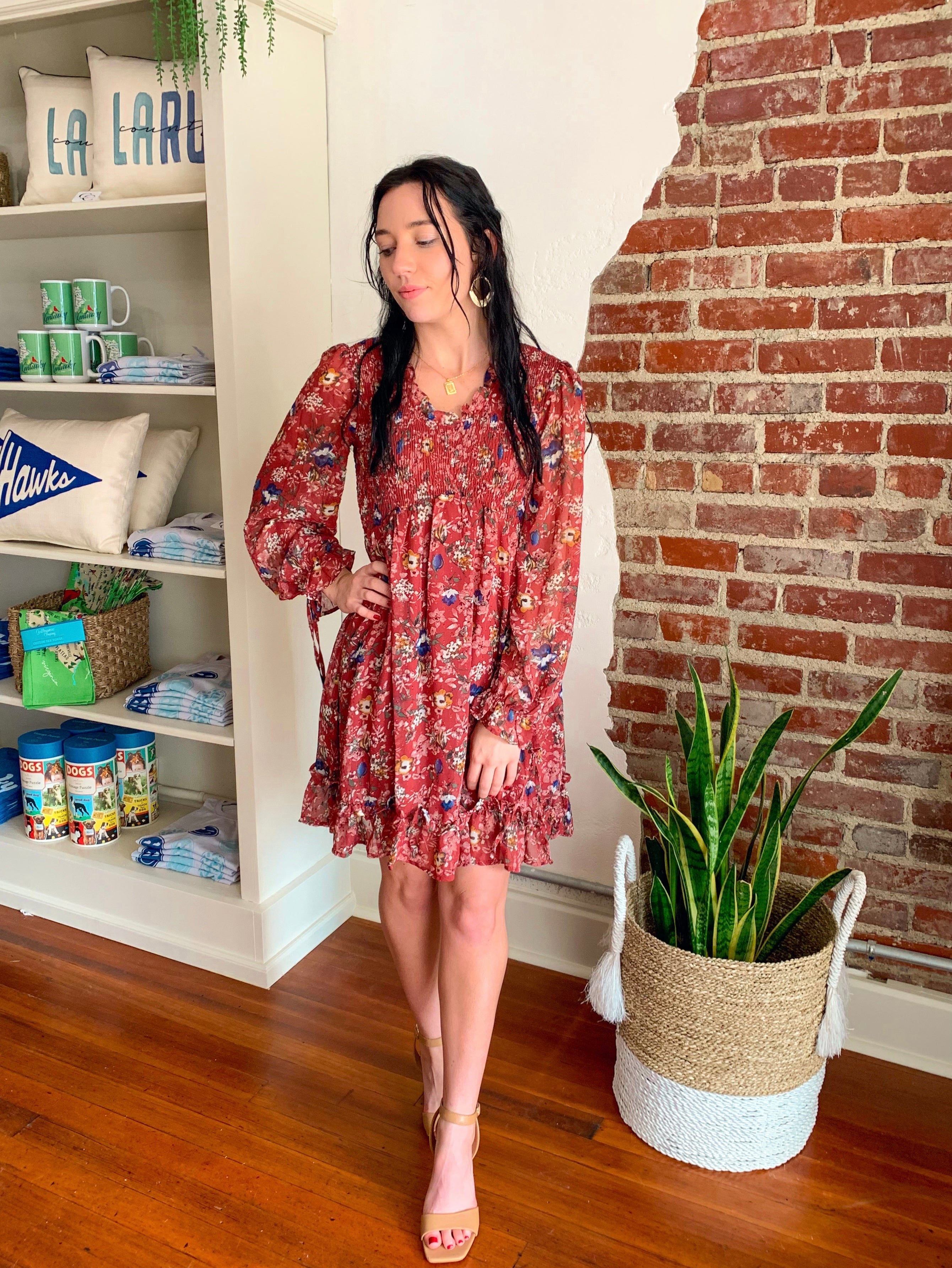 The Hailey Floral Long Sleeve Dress in Burgundy The Hailey Floral Long Sleeve Dress in Burgundy
