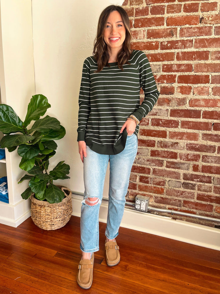 The Jess Knit Top in Hunter Green Stripes-Top-Carolyn Jane's Jewelry