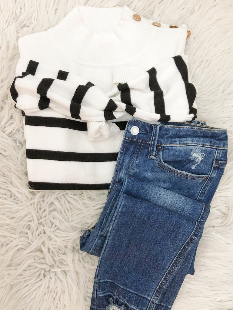 Off White + Black Striped Button Sweater-Carolyn Jane's Jewelry